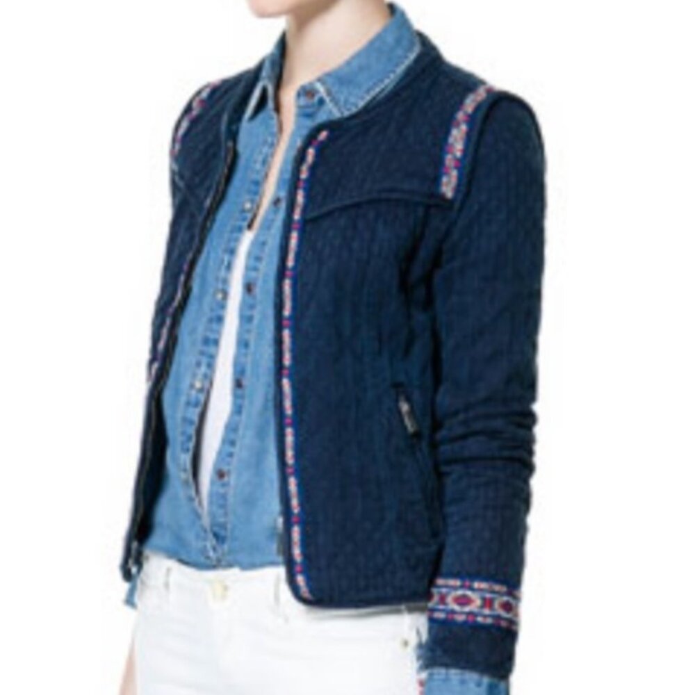 ZARA Quilted Indigo Chambray Fitted Jacket Folklore Embroidered Trim Size Small